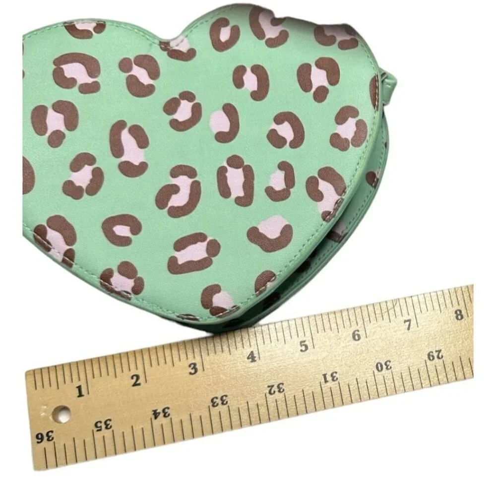 Mint green pink & brown leopard print‎ heart crossbody purse